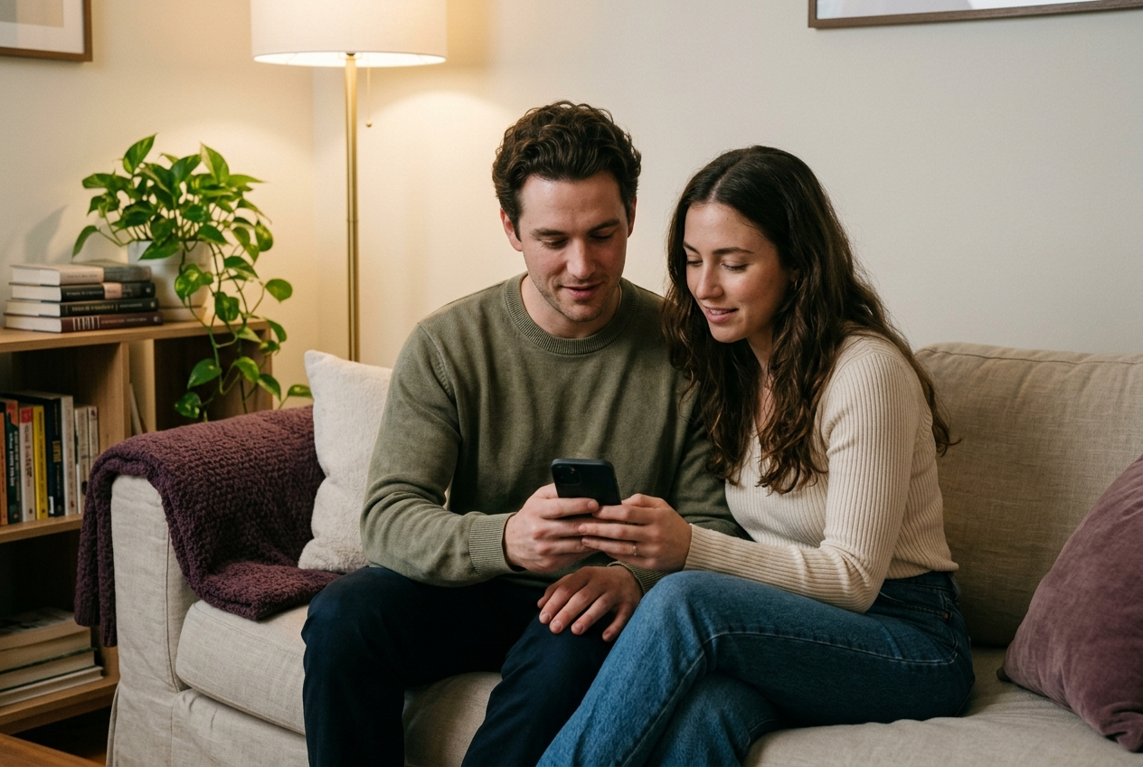 Couple reviewing their love calculator reading together on a phone
