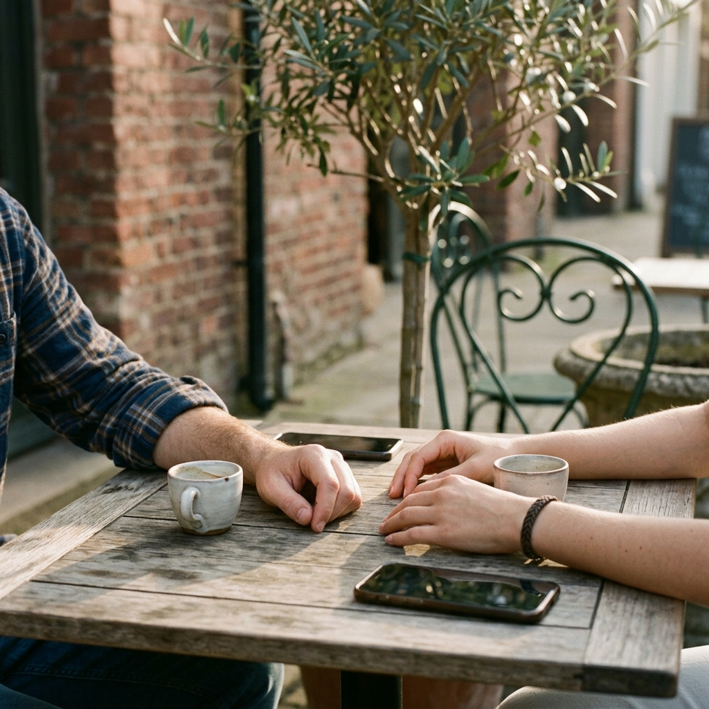 Two partners' hands and two face-down phones on a cafe table, one date of birth each to compare